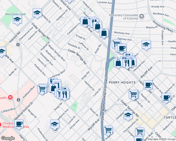 map of restaurants, bars, coffee shops, grocery stores, and more near 4701 Cedar Springs Road in Dallas