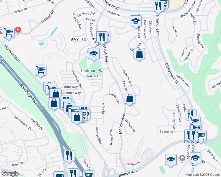 map of restaurants, bars, coffee shops, grocery stores, and more near 4235 Tacoma Street in San Diego