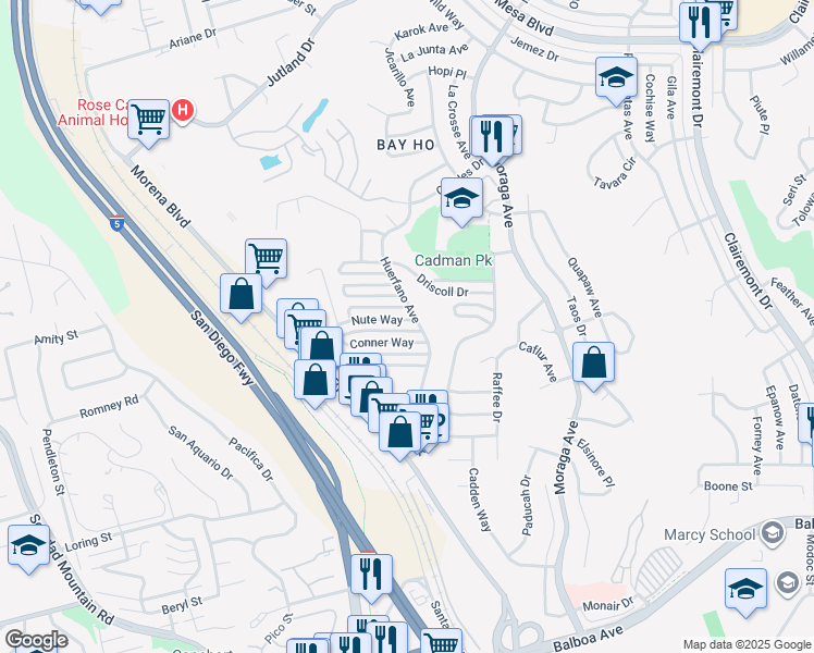 map of restaurants, bars, coffee shops, grocery stores, and more near 3069 Hunrichs Way in San Diego