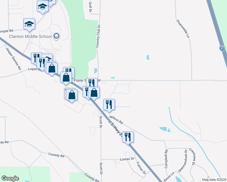 map of restaurants, bars, coffee shops, grocery stores, and more near Spring Lake Boulevard in Clanton