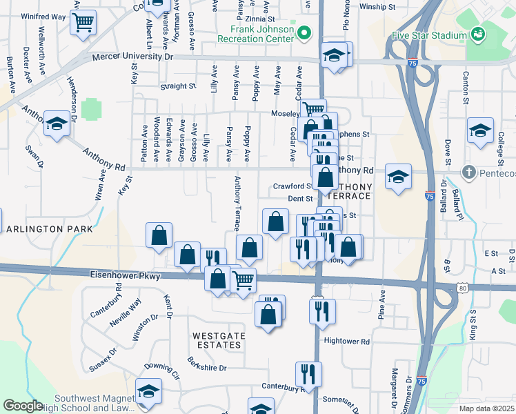 map of restaurants, bars, coffee shops, grocery stores, and more near 2330 Lowe Street in Macon