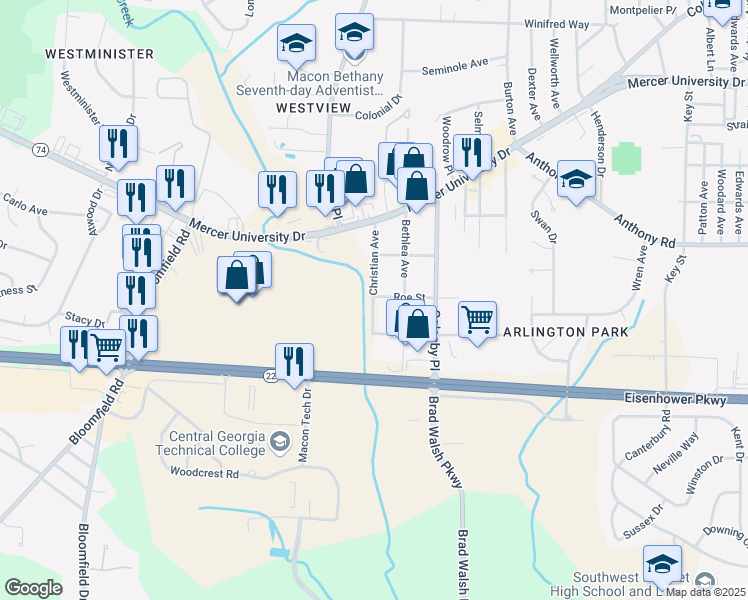 map of restaurants, bars, coffee shops, grocery stores, and more near 1906 Christian Avenue in Macon