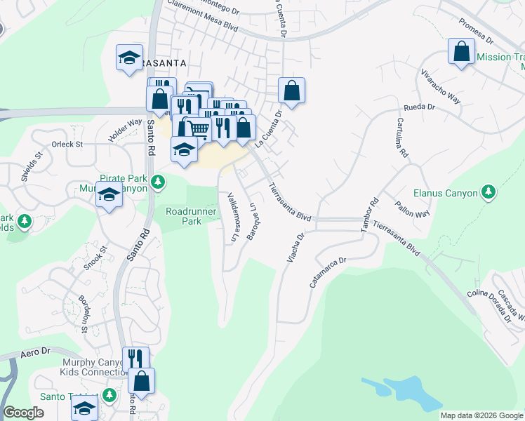 map of restaurants, bars, coffee shops, grocery stores, and more near 4999 Paguera Court in San Diego