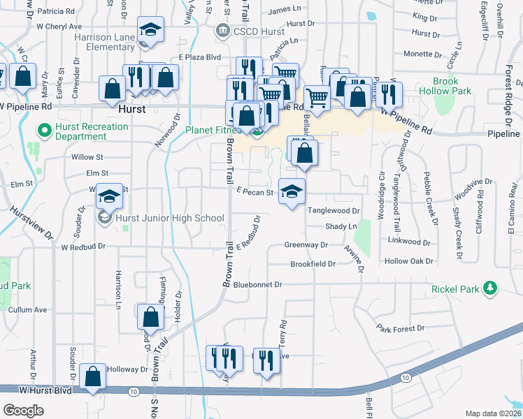 map of restaurants, bars, coffee shops, grocery stores, and more near 329 Tanglewood Drive in Hurst