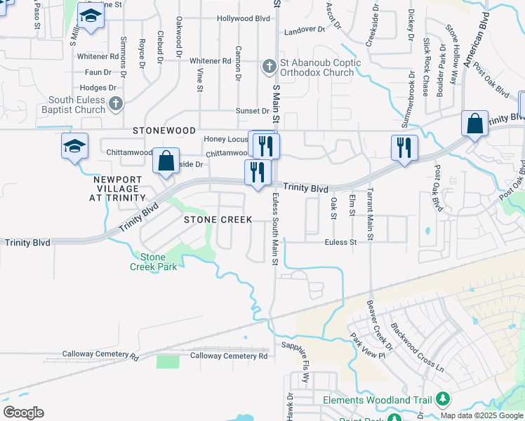map of restaurants, bars, coffee shops, grocery stores, and more near 3801 Euless South Main Street in Euless