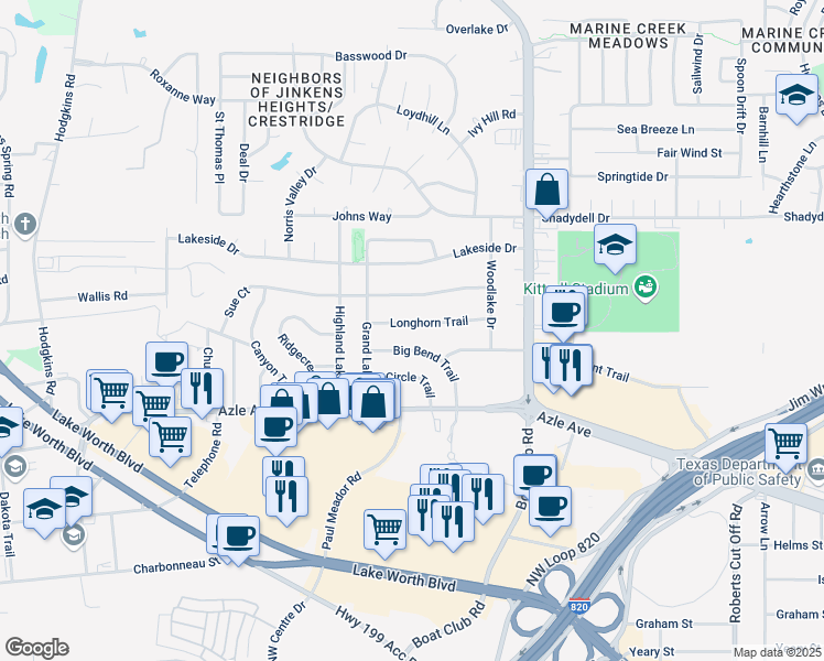 map of restaurants, bars, coffee shops, grocery stores, and more near 6321 Longhorn Trail in Fort Worth