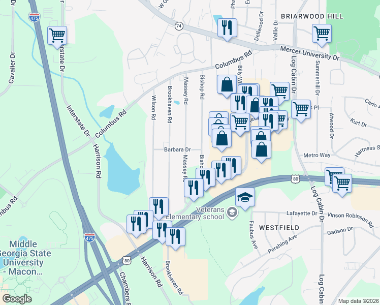 map of restaurants, bars, coffee shops, grocery stores, and more near 4669 Bishop Road in Macon