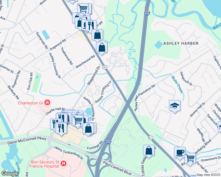 map of restaurants, bars, coffee shops, grocery stores, and more near 2235 Ashley River Road in Charleston