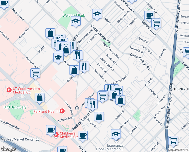 map of restaurants, bars, coffee shops, grocery stores, and more near 5234 Fleetwood Oaks Avenue in Dallas
