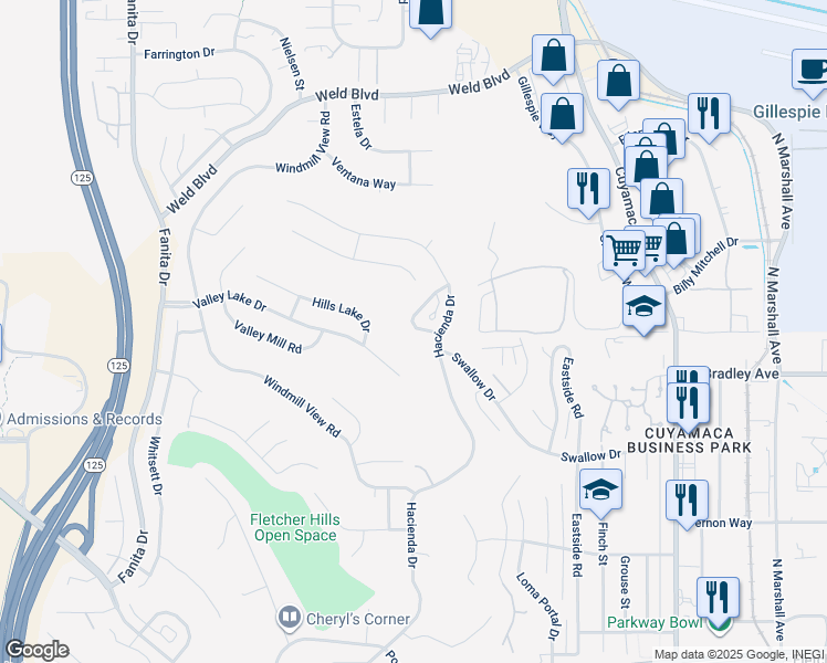 map of restaurants, bars, coffee shops, grocery stores, and more near 1963 Hacienda Circle in El Cajon