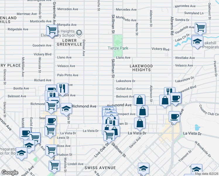 map of restaurants, bars, coffee shops, grocery stores, and more near 6040 Goliad Avenue in Dallas