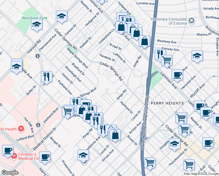map of restaurants, bars, coffee shops, grocery stores, and more near 2929 Kings Road in Dallas