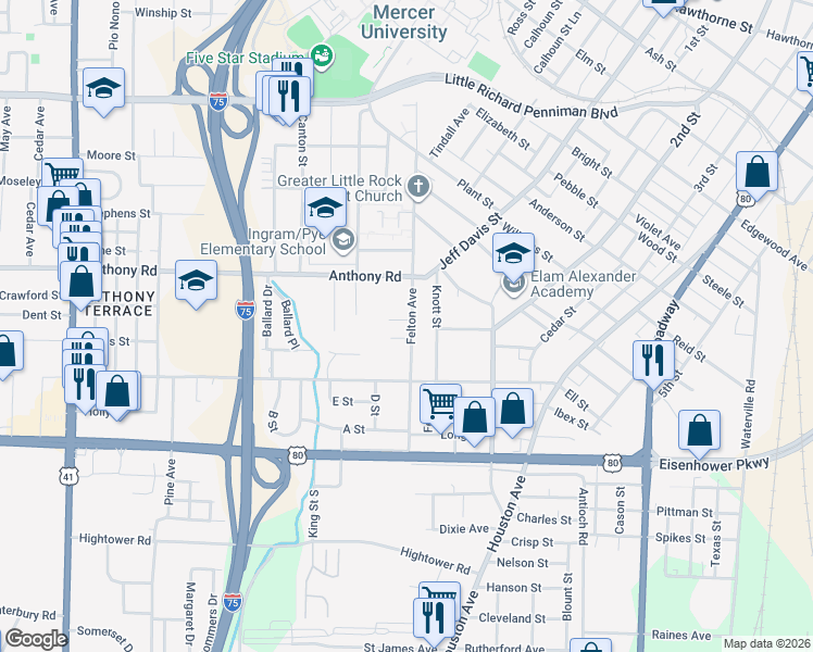 map of restaurants, bars, coffee shops, grocery stores, and more near 2300 Felton Avenue in Macon