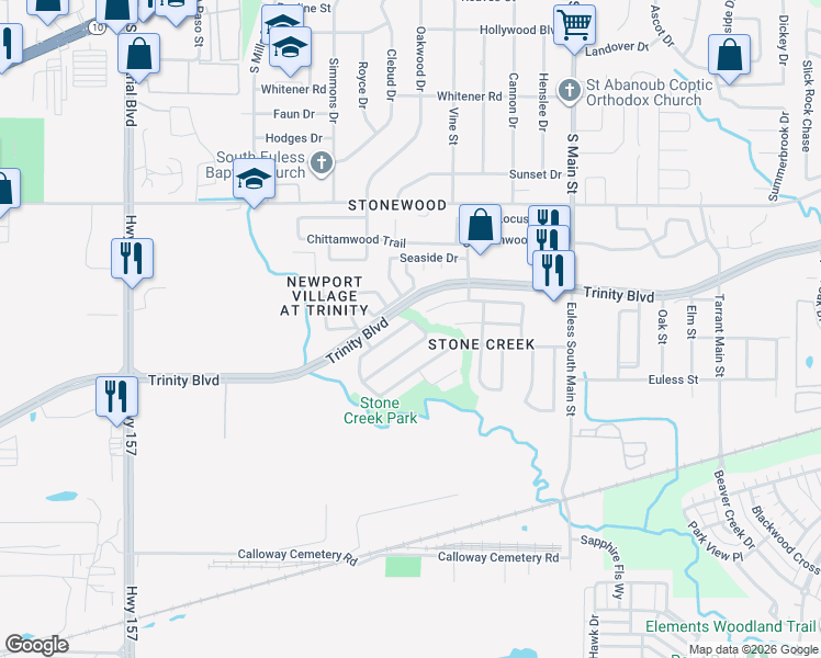 map of restaurants, bars, coffee shops, grocery stores, and more near 12733 Beech Tree Lane in Euless
