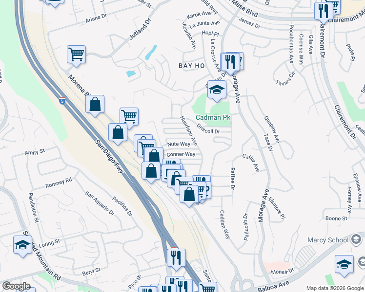 map of restaurants, bars, coffee shops, grocery stores, and more near 3027 Hunrichs Way in San Diego
