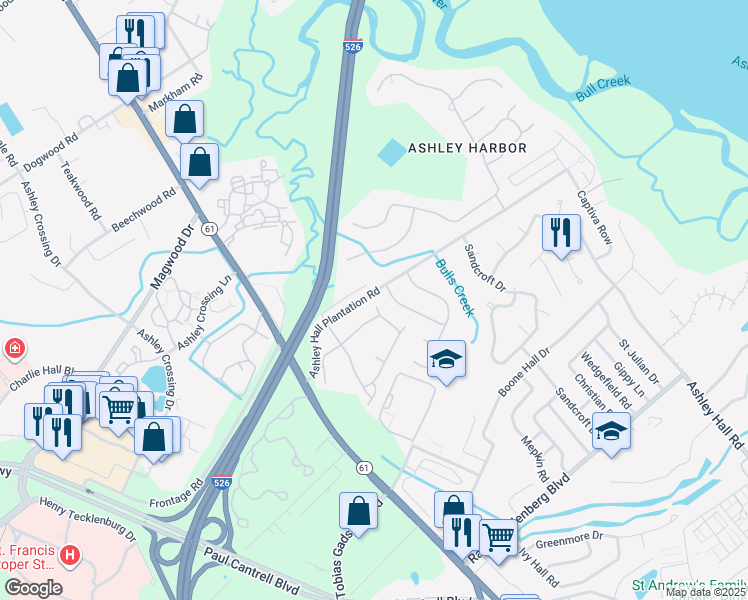 map of restaurants, bars, coffee shops, grocery stores, and more near 91 Ashley Hall Plantation Road in Charleston