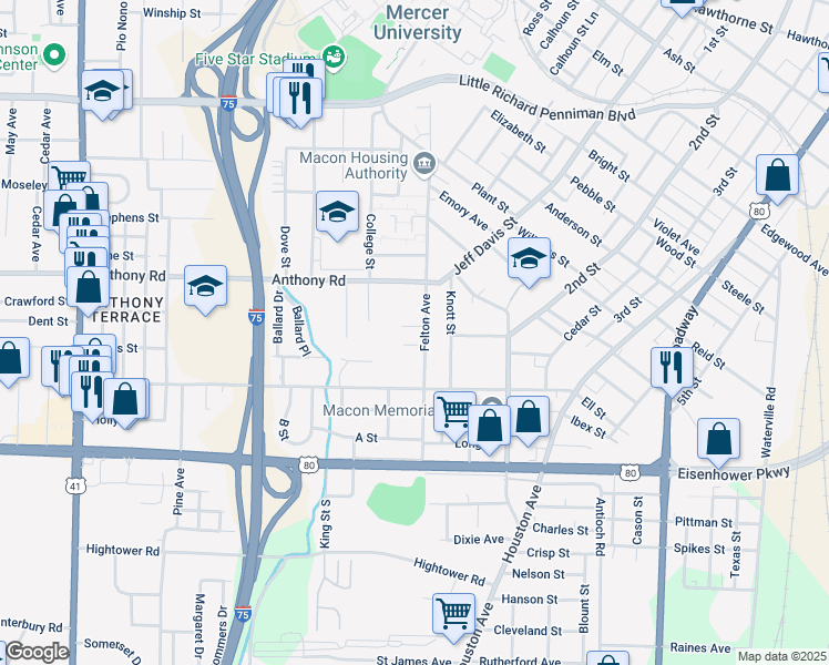 map of restaurants, bars, coffee shops, grocery stores, and more near 2265 Armory Drive in Macon