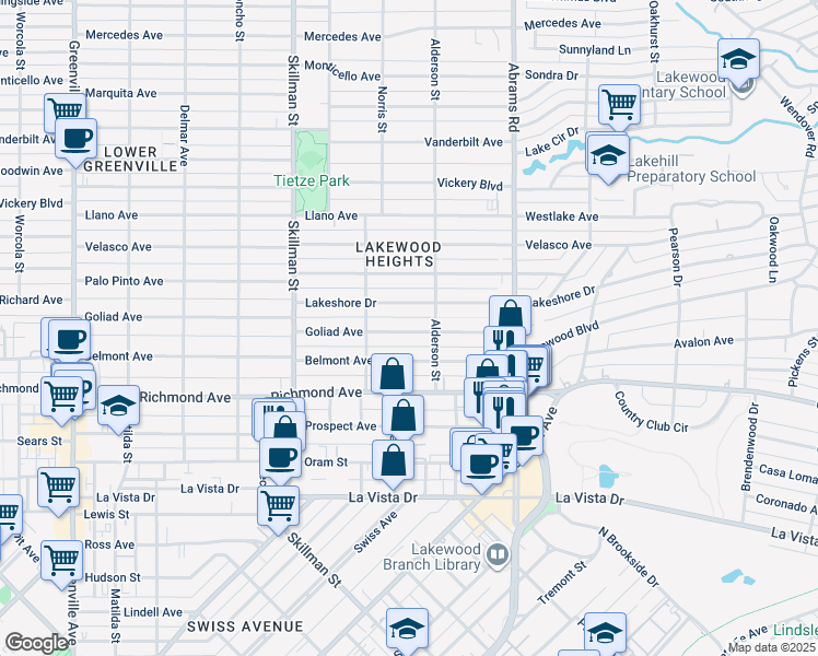 map of restaurants, bars, coffee shops, grocery stores, and more near 6225 Goliad Avenue in Dallas