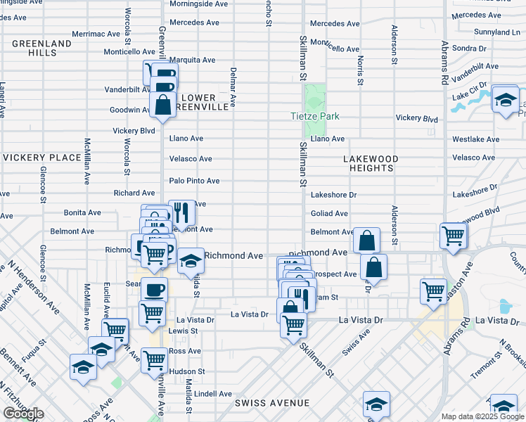 map of restaurants, bars, coffee shops, grocery stores, and more near 6002 Goliad Avenue in Dallas