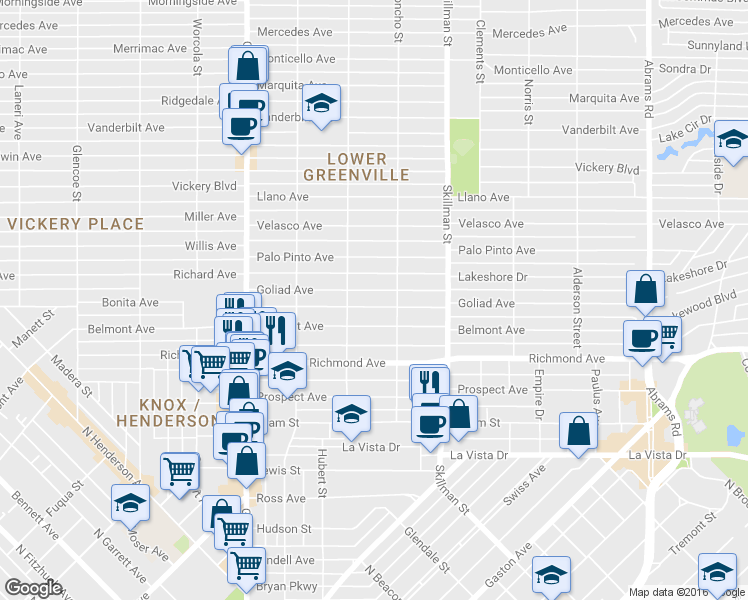 map of restaurants, bars, coffee shops, grocery stores, and more near 5914 Goliad Avenue in Dallas