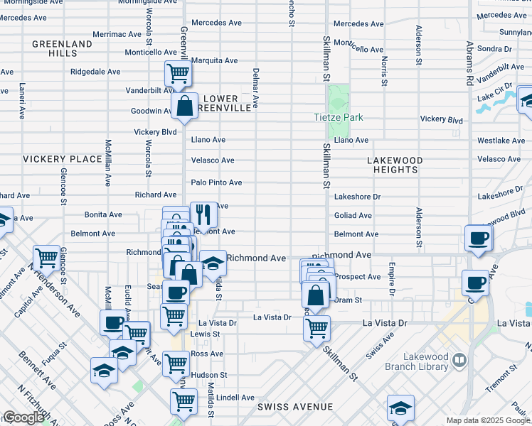 map of restaurants, bars, coffee shops, grocery stores, and more near 5914 Goliad Avenue in Dallas
