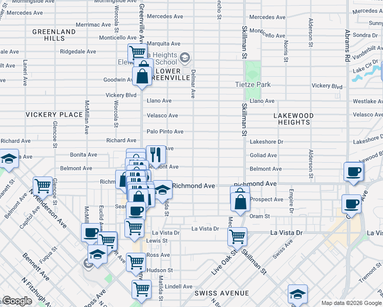 map of restaurants, bars, coffee shops, grocery stores, and more near 5836 Goliad Avenue in Dallas