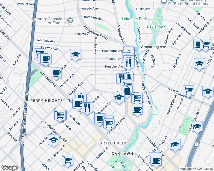 map of restaurants, bars, coffee shops, grocery stores, and more near 4140 Newton Avenue in Dallas