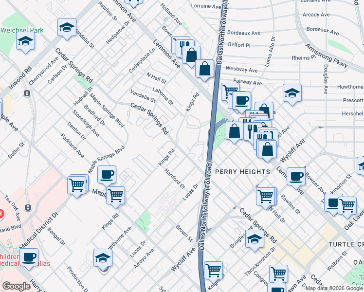 map of restaurants, bars, coffee shops, grocery stores, and more near 3207 Raleigh Street in Dallas