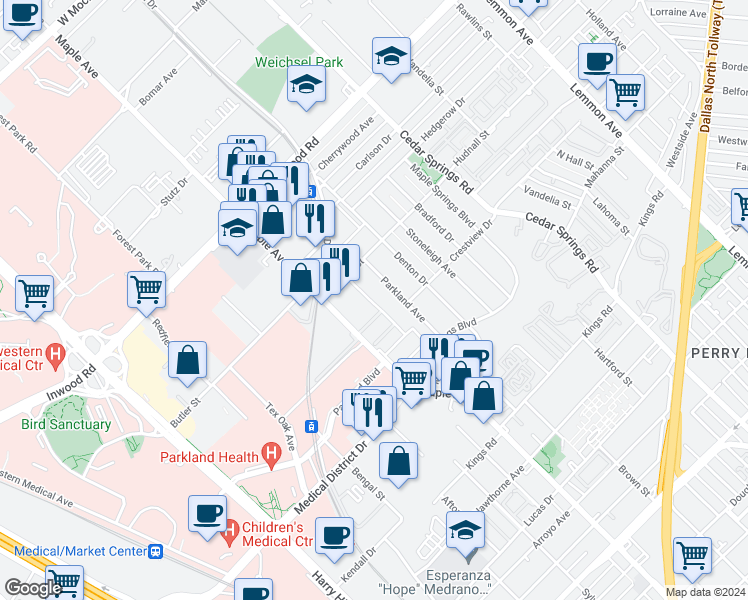 map of restaurants, bars, coffee shops, grocery stores, and more near 5306 Fleetwood Oaks Avenue in Dallas