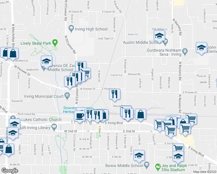 map of restaurants, bars, coffee shops, grocery stores, and more near 625 North Delaware Street in Irving
