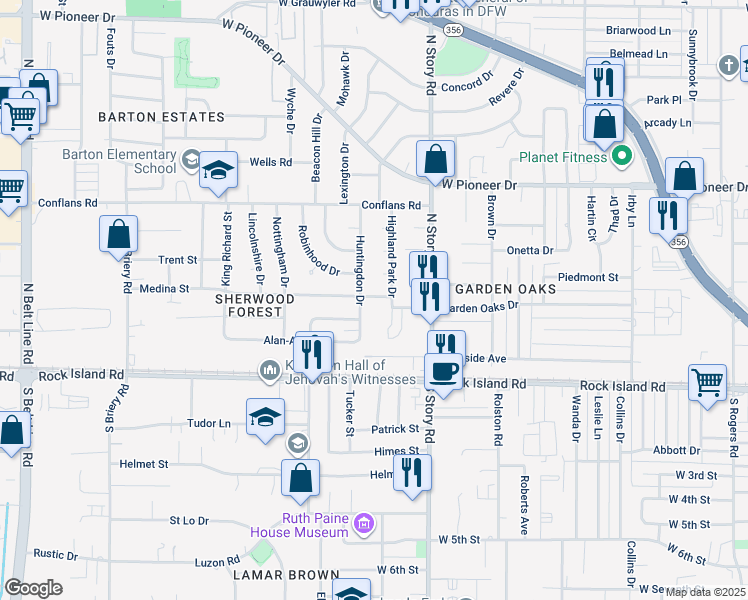 map of restaurants, bars, coffee shops, grocery stores, and more near 2601 Yorkshire Street in Irving