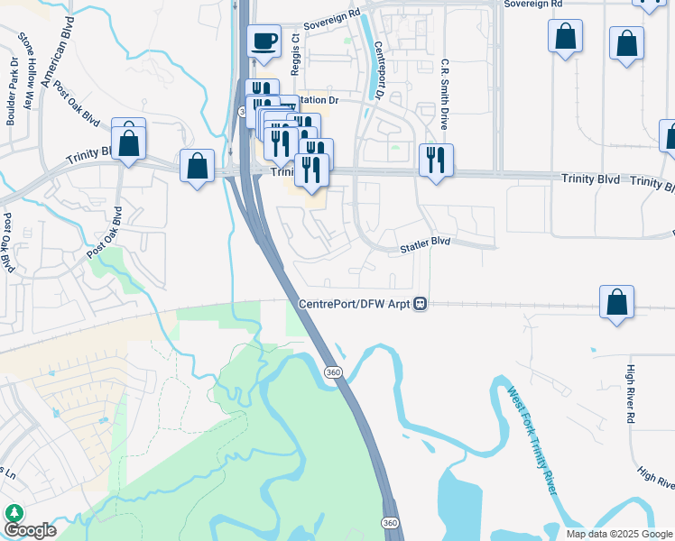 map of restaurants, bars, coffee shops, grocery stores, and more near 14312 Oakridge Circle in Fort Worth