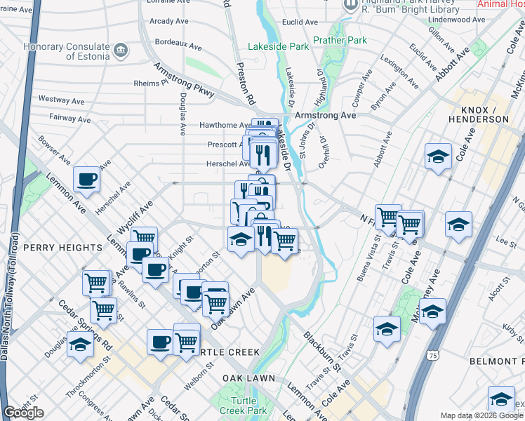 map of restaurants, bars, coffee shops, grocery stores, and more near 4026 Oak Lawn Avenue in Dallas