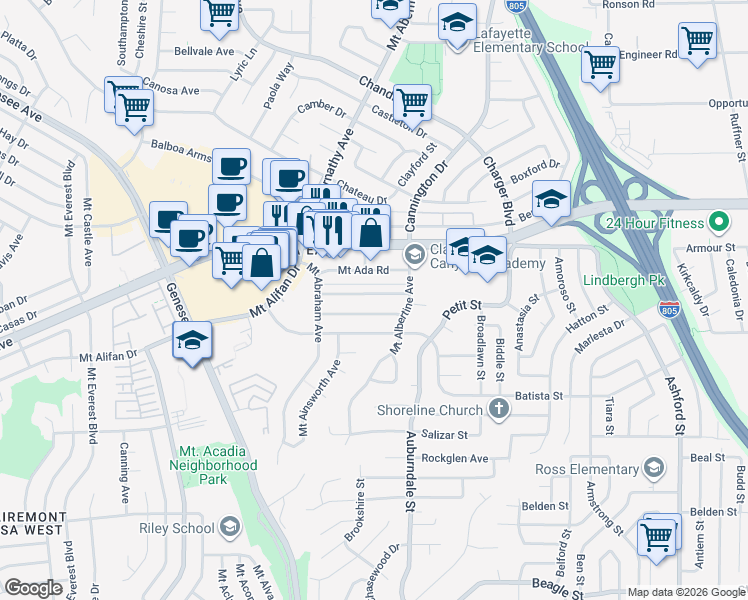 map of restaurants, bars, coffee shops, grocery stores, and more near 6506 Mount Ackerman Drive in San Diego
