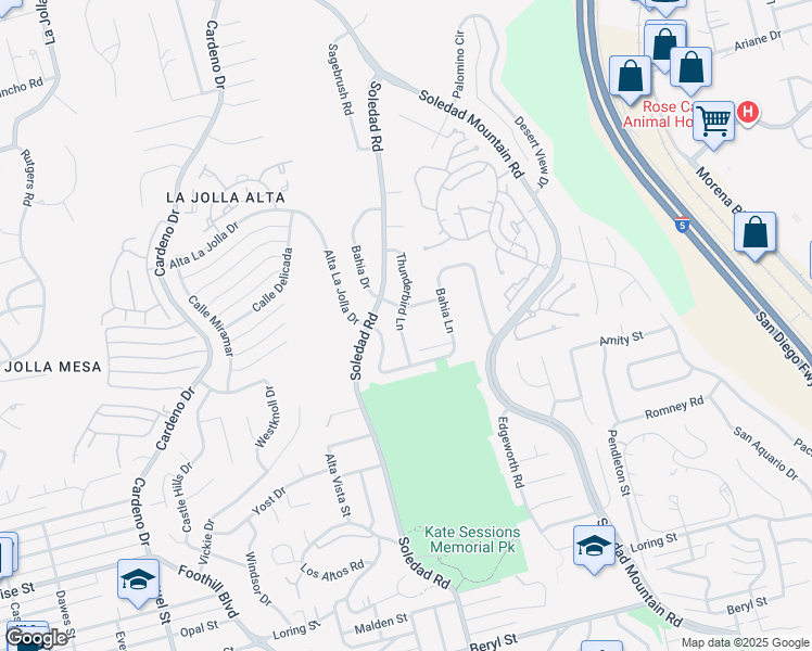 map of restaurants, bars, coffee shops, grocery stores, and more near 5465 Thunderbird Lane in San Diego