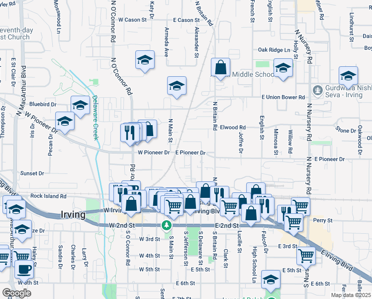 map of restaurants, bars, coffee shops, grocery stores, and more near 625 North Delaware Street in Irving