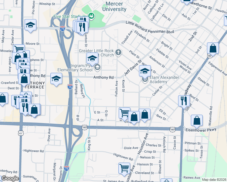 map of restaurants, bars, coffee shops, grocery stores, and more near 2265 Armory Drive in Macon