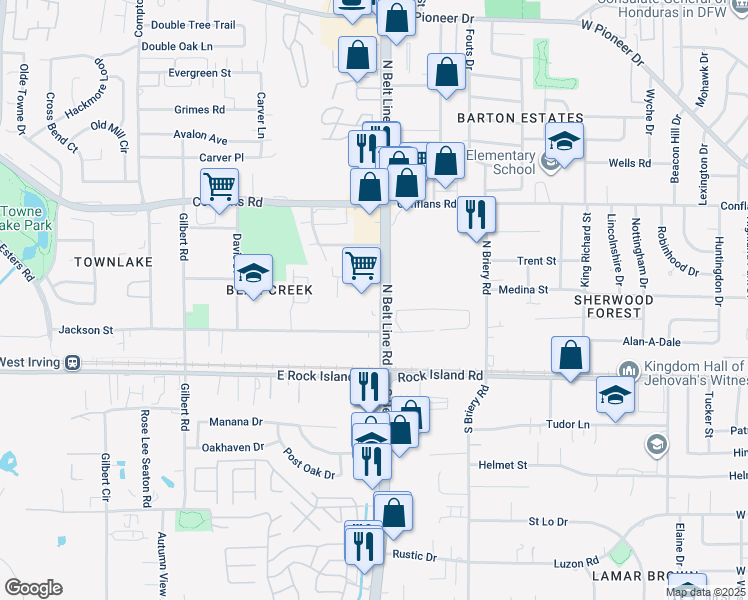 map of restaurants, bars, coffee shops, grocery stores, and more near 105 North Belt Line Road in Irving