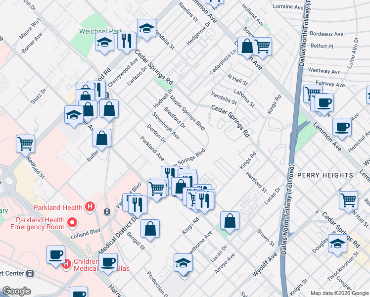 map of restaurants, bars, coffee shops, grocery stores, and more near 5025 Stoneleigh Avenue in Dallas