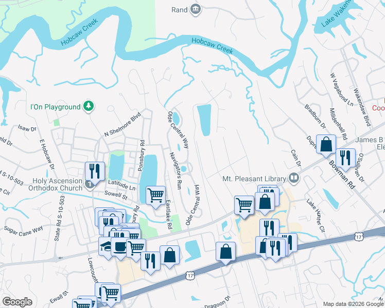 map of restaurants, bars, coffee shops, grocery stores, and more near 762 Olde Central Way in Mount Pleasant
