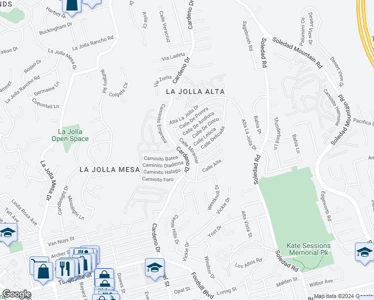 map of restaurants, bars, coffee shops, grocery stores, and more near 5650 Calle Miramar in San Diego