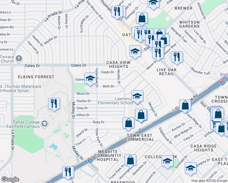 map of restaurants, bars, coffee shops, grocery stores, and more near 3429 Moon Drive in Mesquite