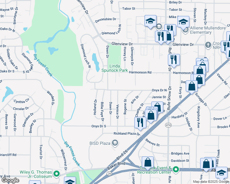 map of restaurants, bars, coffee shops, grocery stores, and more near 6322 Onyx Drive North in North Richland Hills