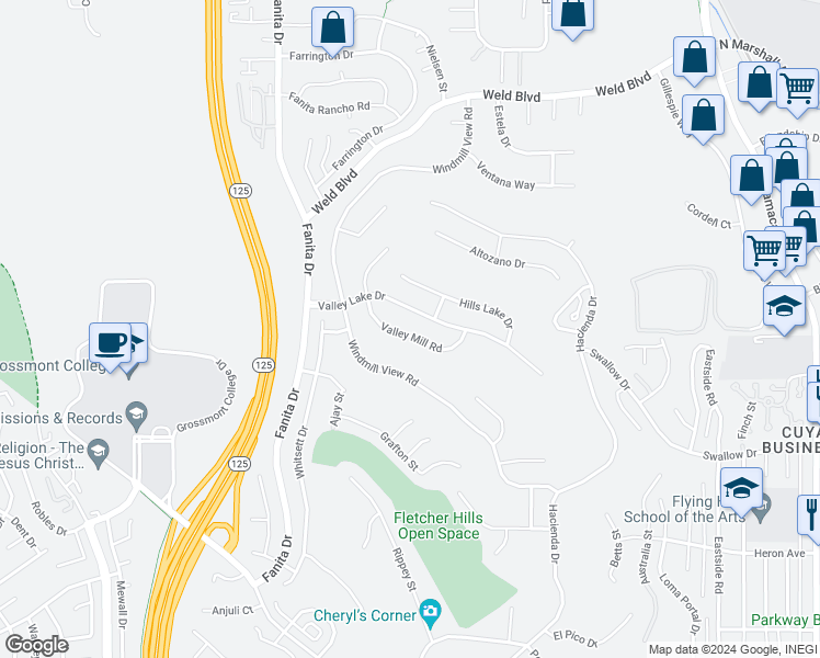 map of restaurants, bars, coffee shops, grocery stores, and more near 2260 Valley Mill Road in El Cajon