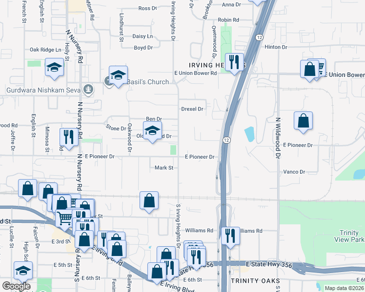 map of restaurants, bars, coffee shops, grocery stores, and more near 522 N Irving Heights Dr in Irving