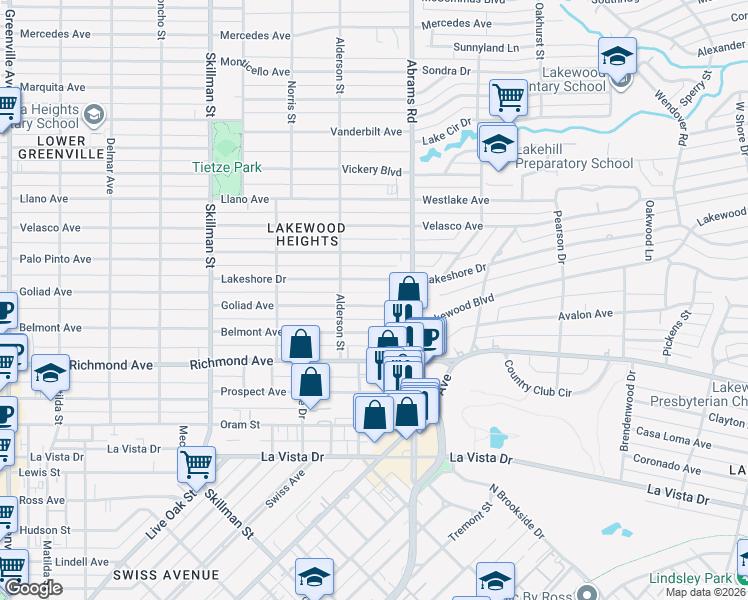 map of restaurants, bars, coffee shops, grocery stores, and more near 6333 Goliad Avenue in Dallas