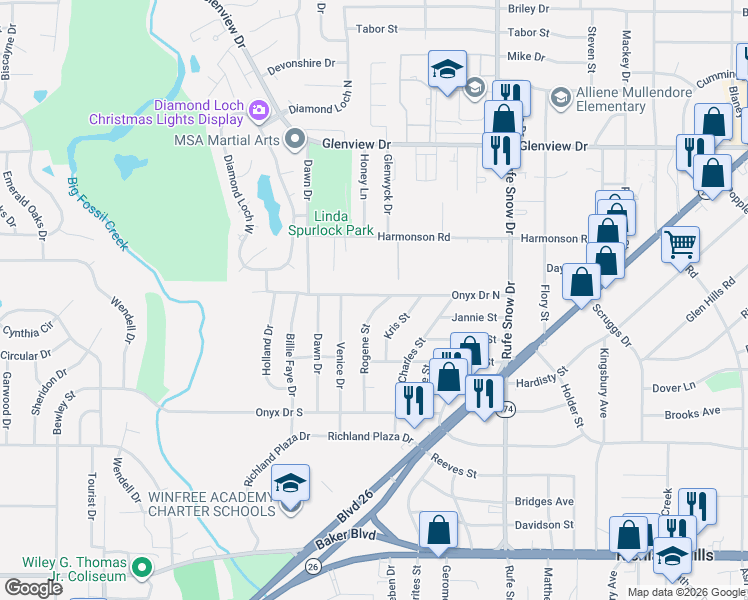 map of restaurants, bars, coffee shops, grocery stores, and more near 6440 Onyx Drive North in North Richland Hills