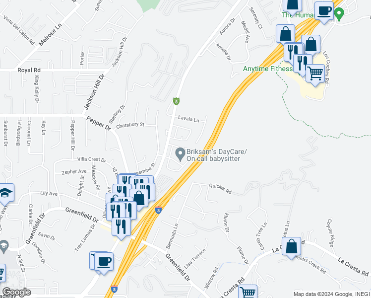 map of restaurants, bars, coffee shops, grocery stores, and more near 1866 Priest Street in El Cajon