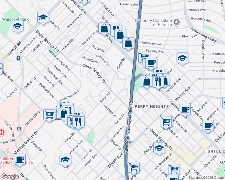map of restaurants, bars, coffee shops, grocery stores, and more near 3102 Kings Road in Dallas