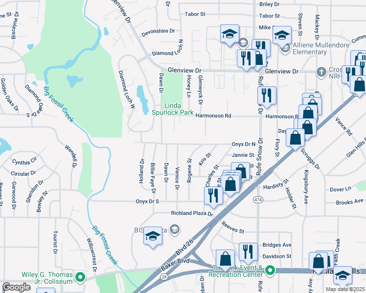 map of restaurants, bars, coffee shops, grocery stores, and more near 6410 Onyx Drive North in North Richland Hills